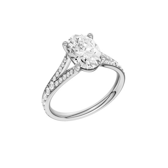 A three-quarter view of the Oval cut diamond engagement ring in platinum with a diamond channel band and split setting
