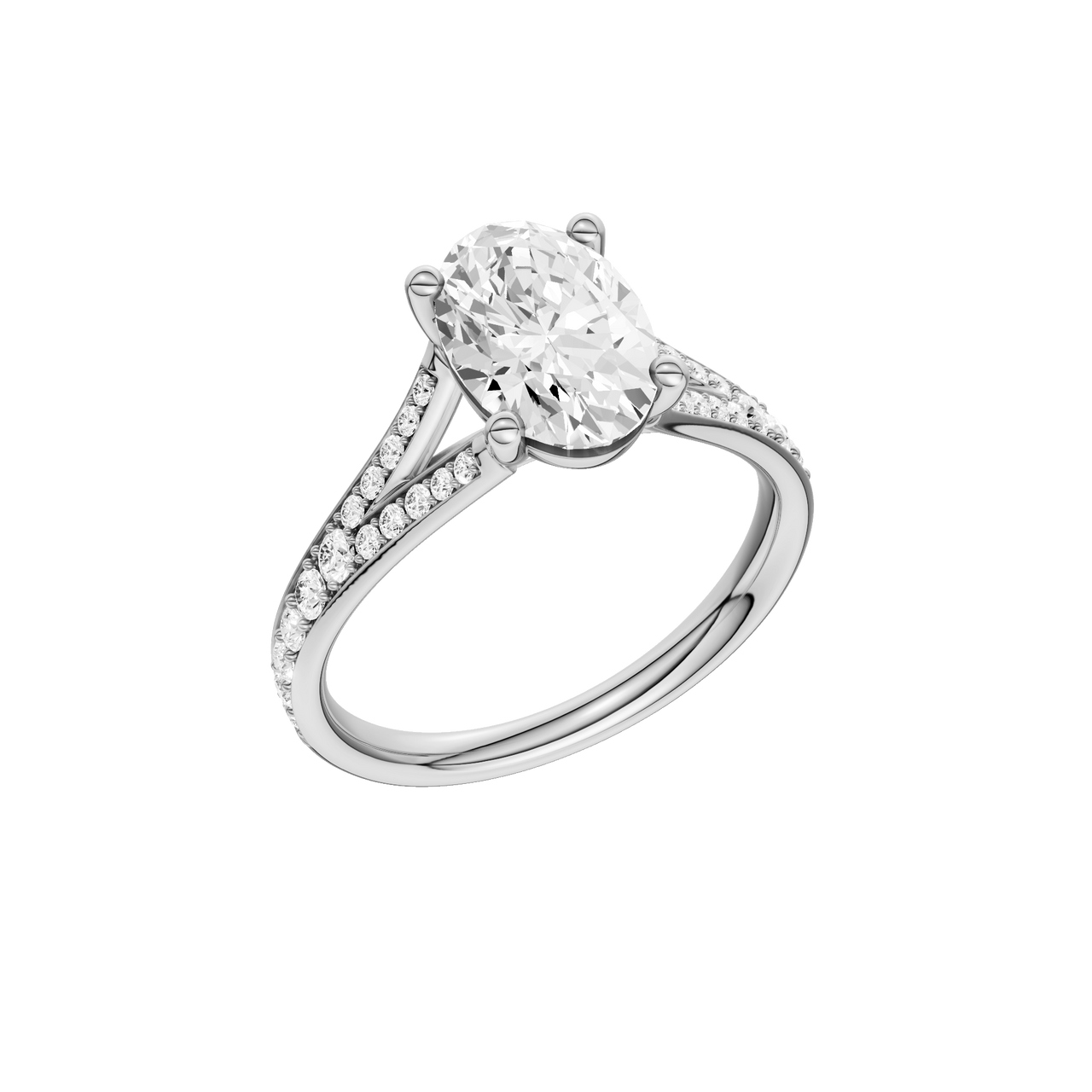 A three-quarter view of the Oval cut diamond engagement ring in 14k white gold with a diamond channel band and split setting
