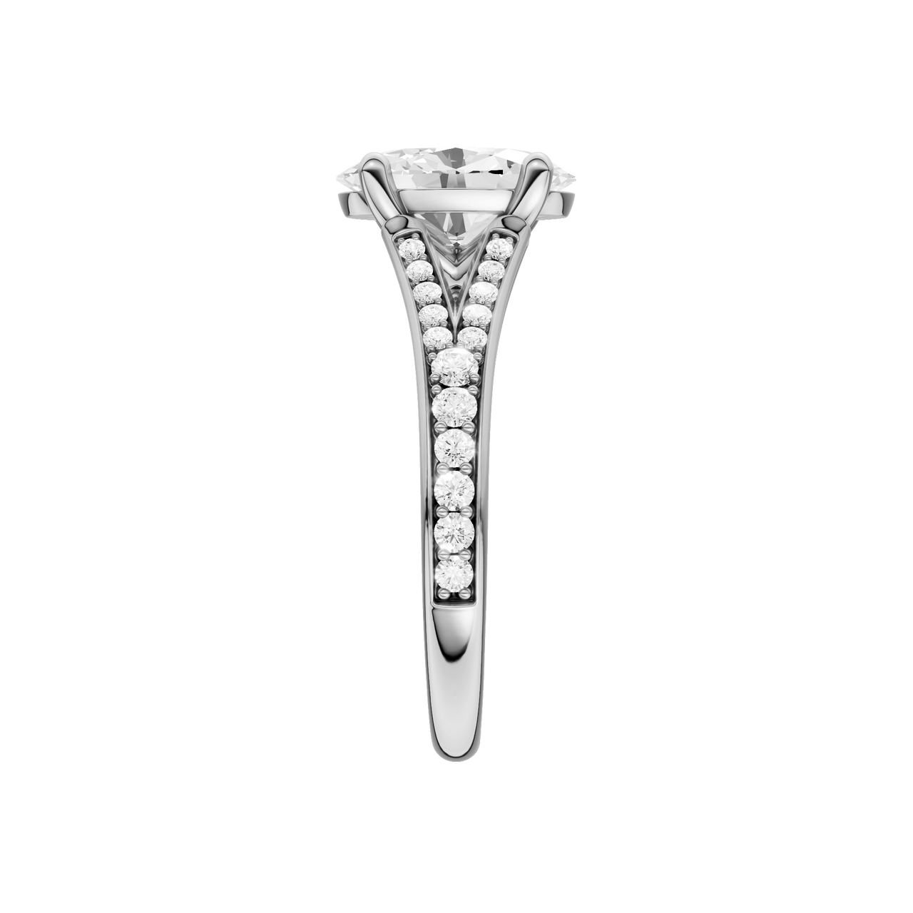A side view of the Oval cut diamond engagement ring in 14k white gold with a diamond channel band and split setting