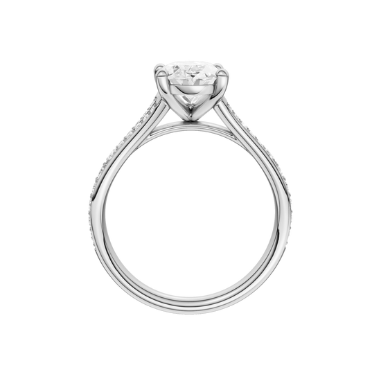 A profile view of the Oval cut diamond engagement ring in platinum with a diamond channel band and split setting