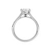 A profile view of the Oval cut diamond engagement ring in 14k white gold with a diamond channel band and split setting