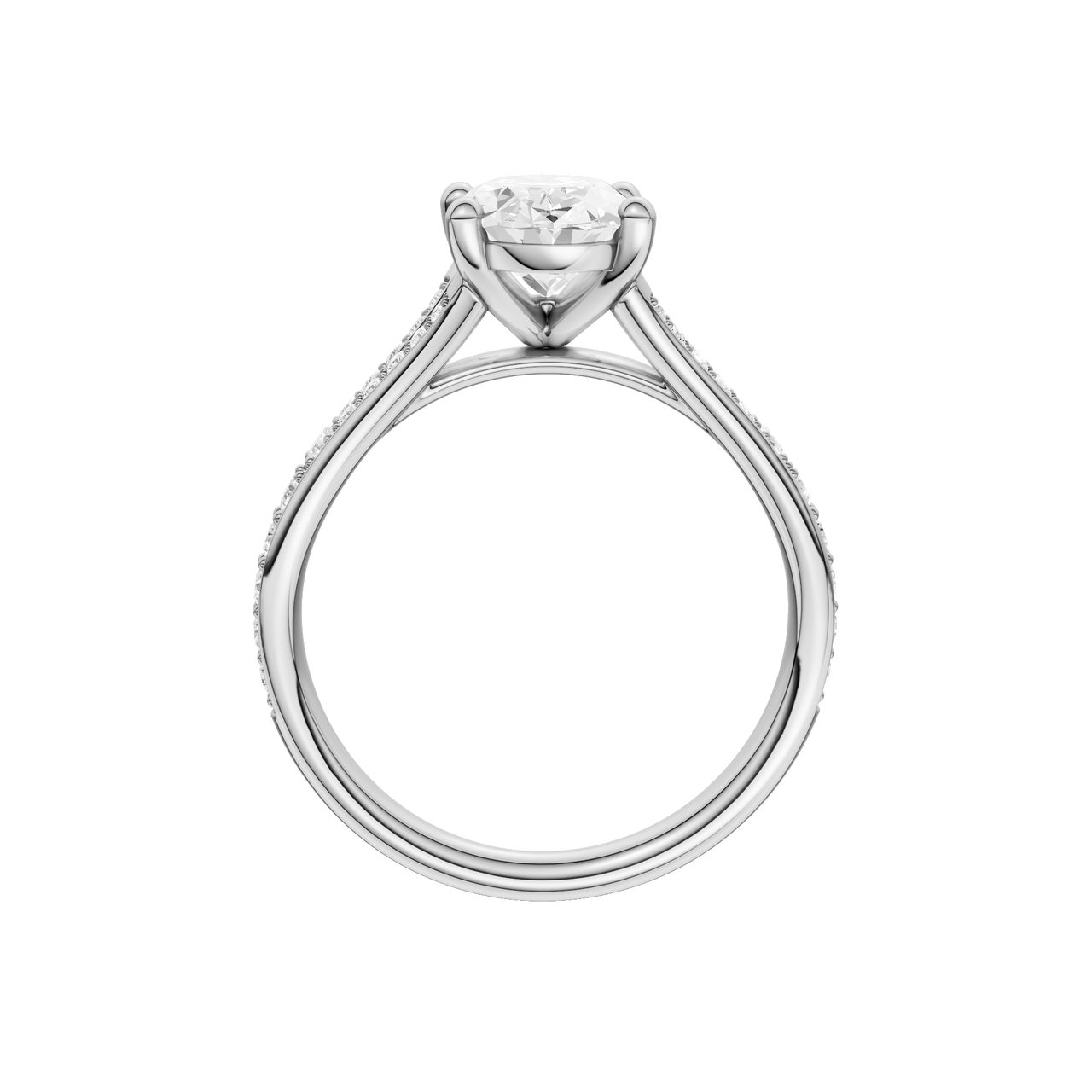 A profile view of the Oval cut diamond engagement ring in 14k white gold with a diamond channel band and split setting