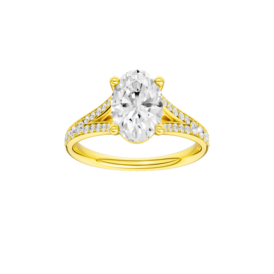 A front view of the Oval cut diamond engagement ring in 14k yellow gold with a diamond channel band and split setting