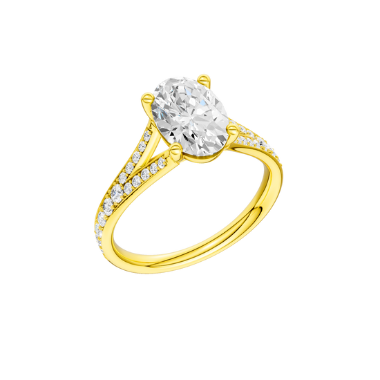 A three-quarter view of the Oval cut diamond engagement ring in 14k yellow gold with a diamond channel band and split setting