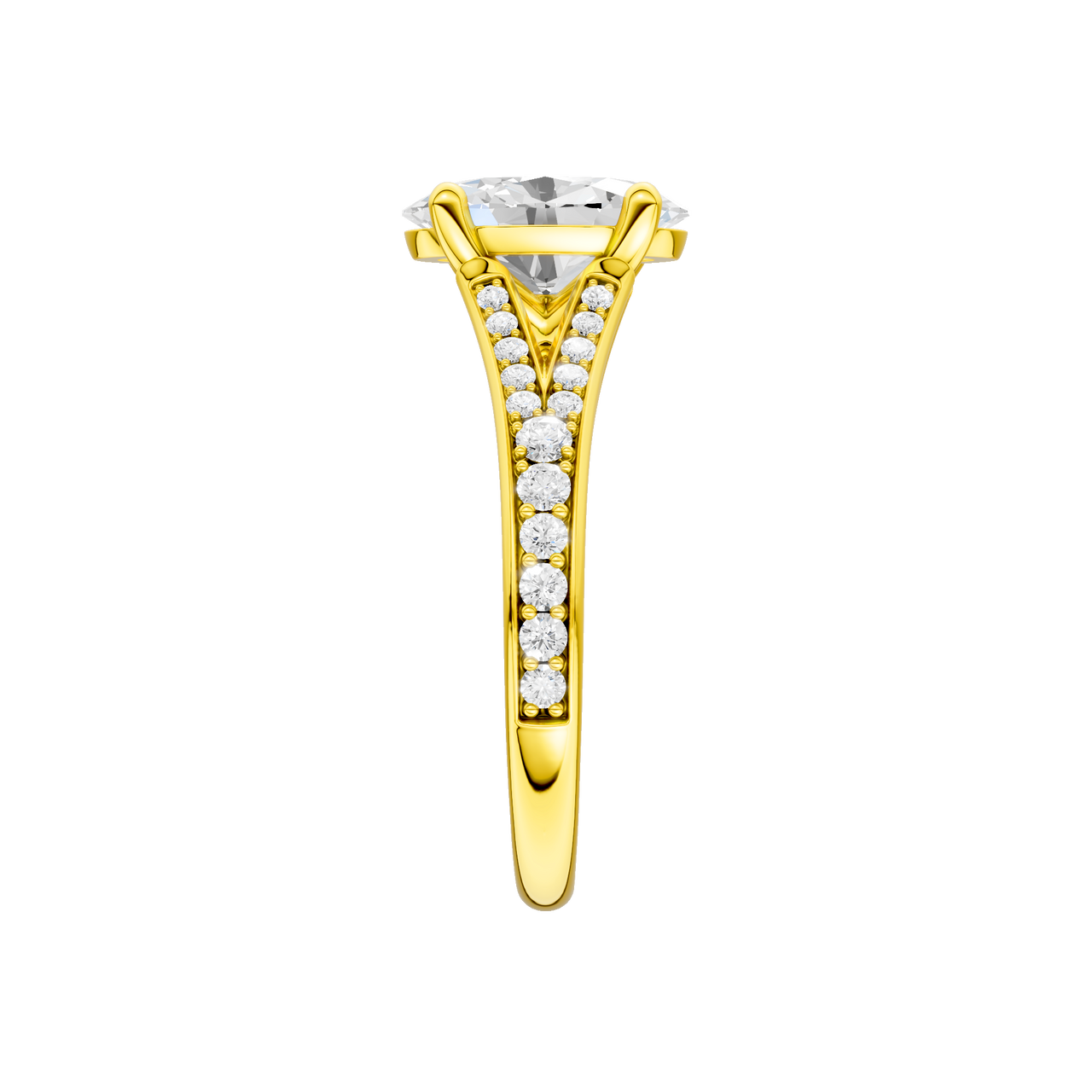 A side view of the Oval cut diamond engagement ring in 14k yellow gold with a diamond channel band and split setting