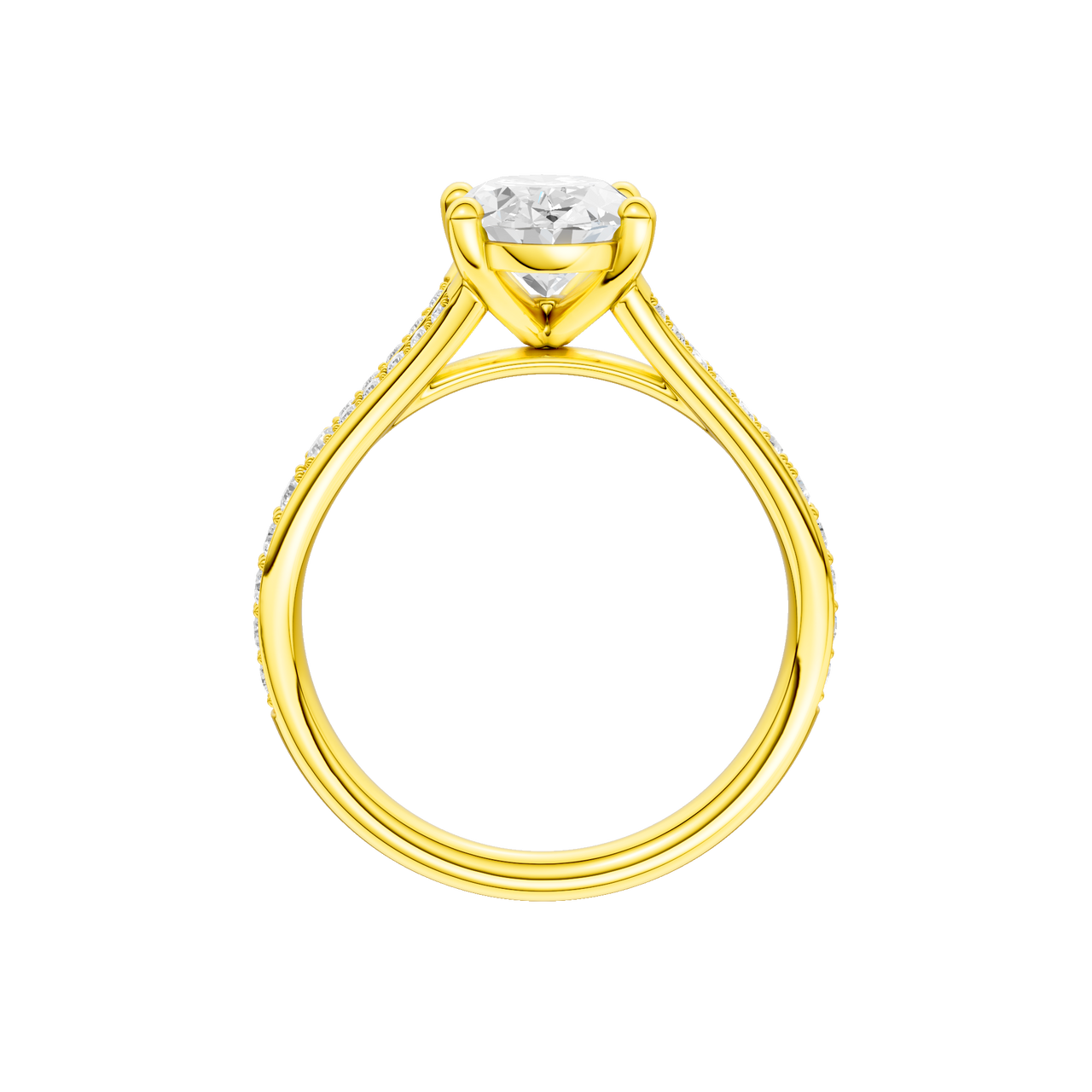 A profile view of the Oval cut diamond engagement ring in 14k yellow gold with a diamond channel band and split setting