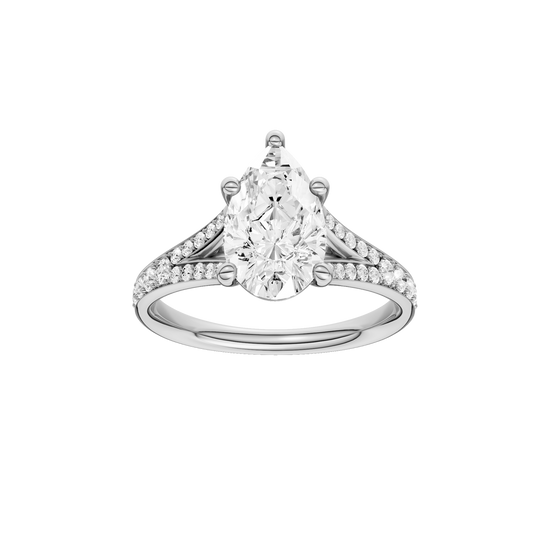 A front view of the Pear cut diamond engagement ring in 14k white gold with a diamond channel band and split setting