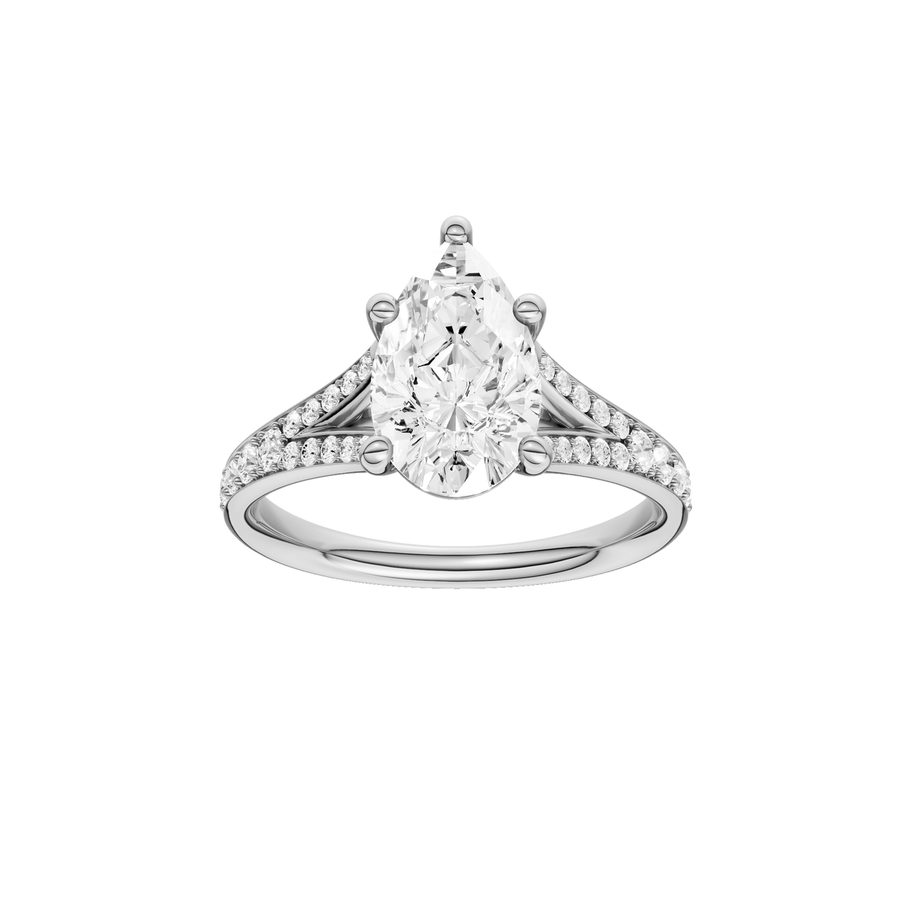 A front view of the Pear cut diamond engagement ring in 14k white gold with a diamond channel band and split setting