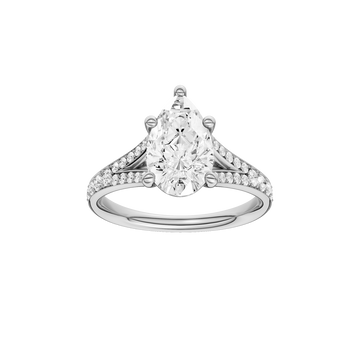A front view of the Pear cut diamond engagement ring in 14k white gold with a diamond channel band and split setting