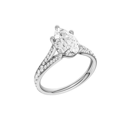 A three-quarter view of the Pear cut diamond engagement ring in platinum with a diamond channel band and split setting