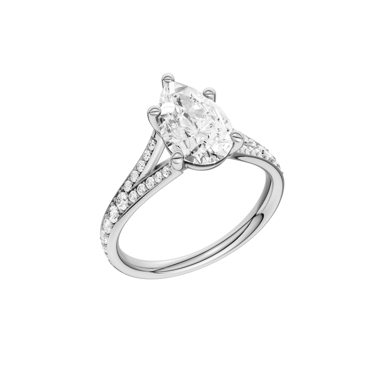 A three-quarter view of the Pear cut diamond engagement ring in platinum with a diamond channel band and split setting