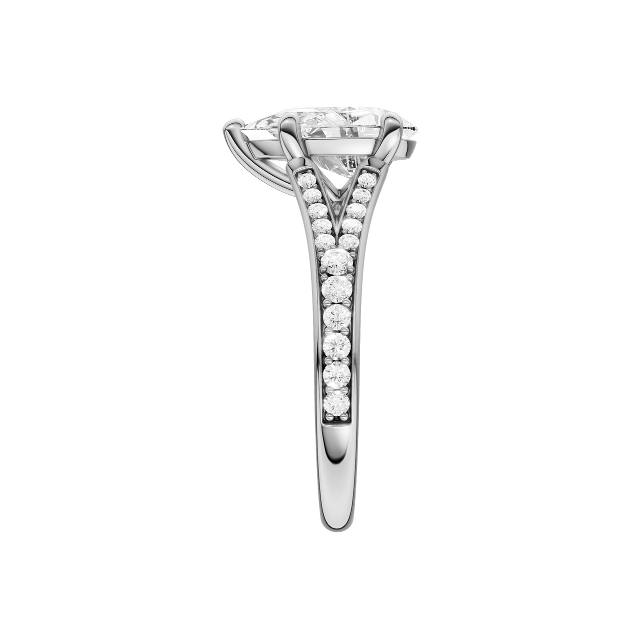 A side view of the Pear cut diamond engagement ring in 14k white gold with a diamond channel band and split setting