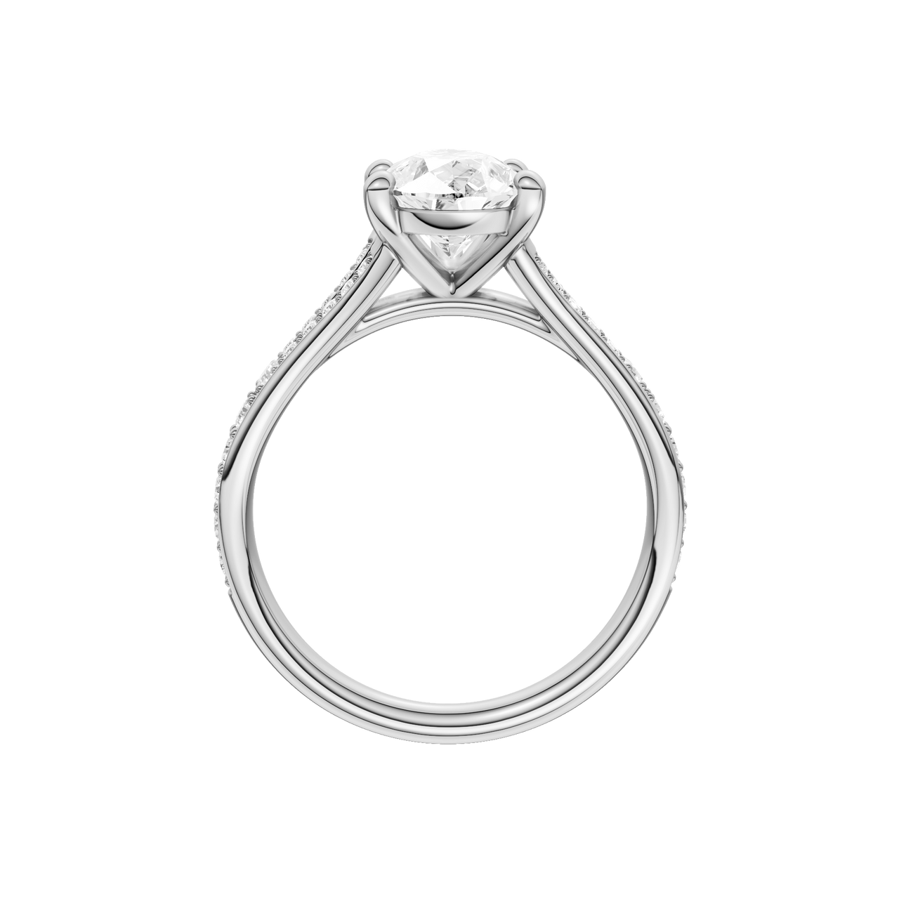 A profile view of the Pear cut diamond engagement ring in platinum with a diamond channel band and split setting