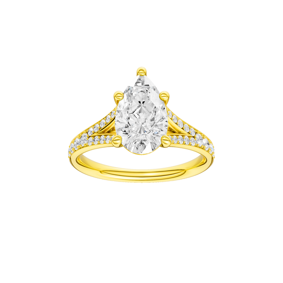A front view of the Pear cut diamond engagement ring in 14k yellow gold with a diamond channel band and split setting
