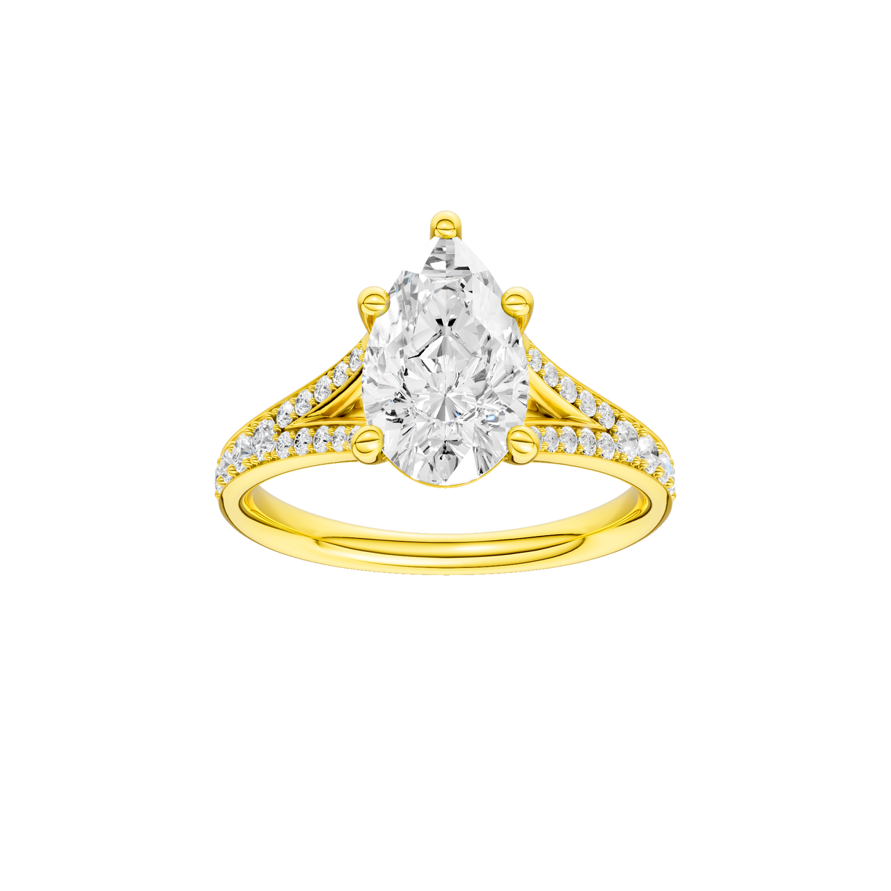 A front view of the Pear cut diamond engagement ring in 14k yellow gold with a diamond channel band and split setting