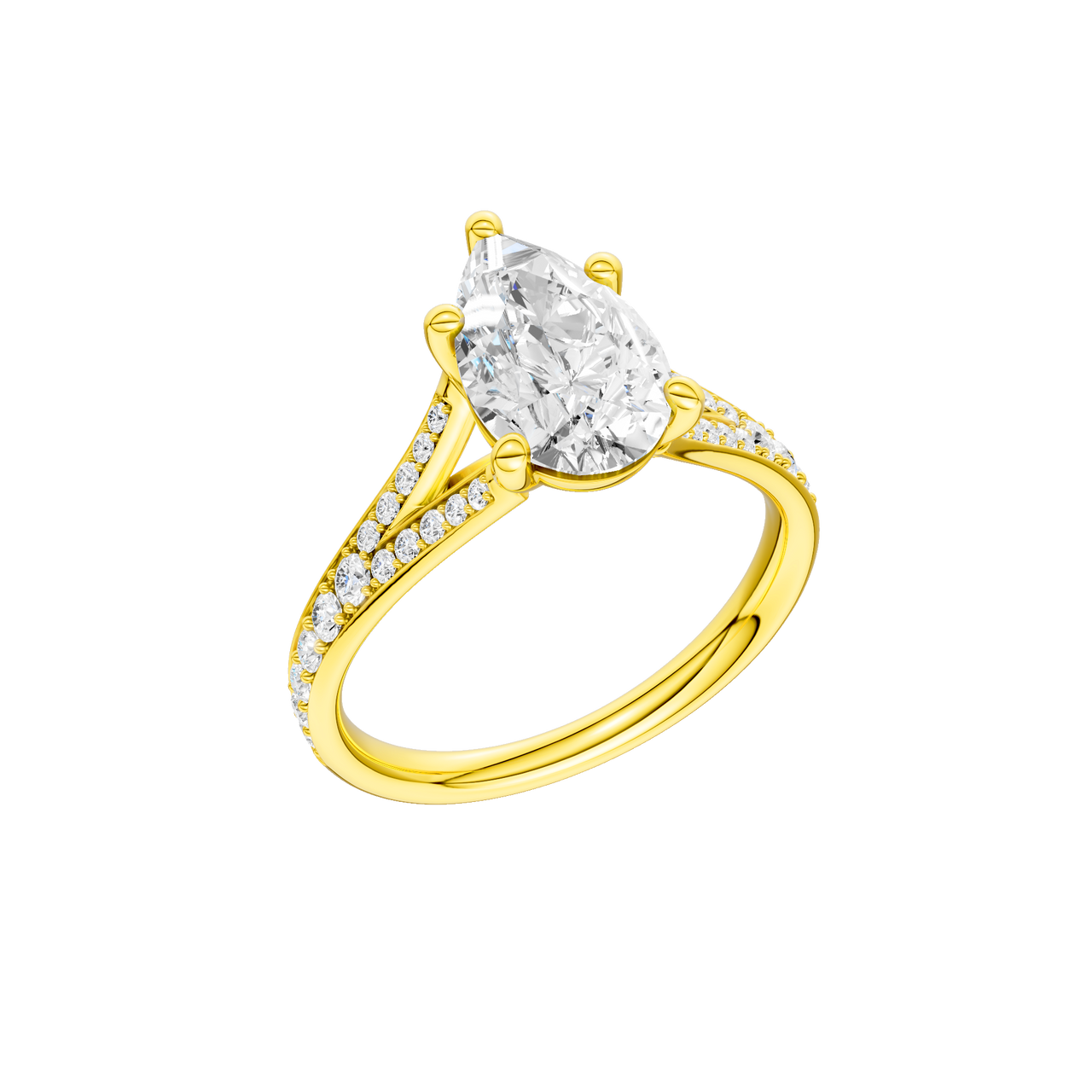 A three-quarter view of the Pear cut diamond engagement ring in 14k yellow gold with a diamond channel band and split setting