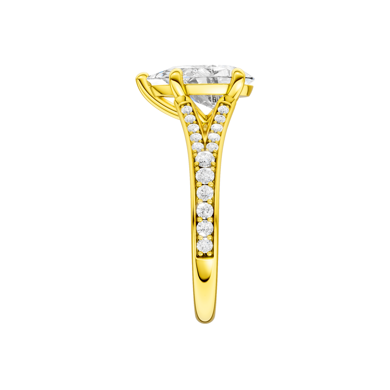 A side view of the Pear cut diamond engagement ring in 14k yellow gold with a diamond channel band and split setting