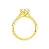 A profile view of the Pear cut diamond engagement ring in 14k yellow gold with a diamond channel band and split setting
