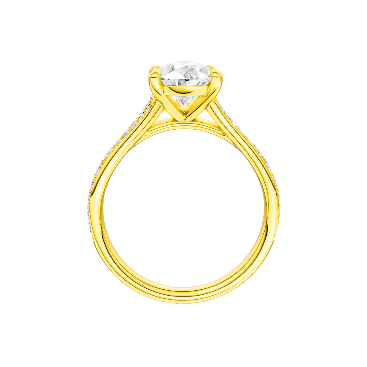 A profile view of the Pear cut diamond engagement ring in 14k yellow gold with a diamond channel band and split setting