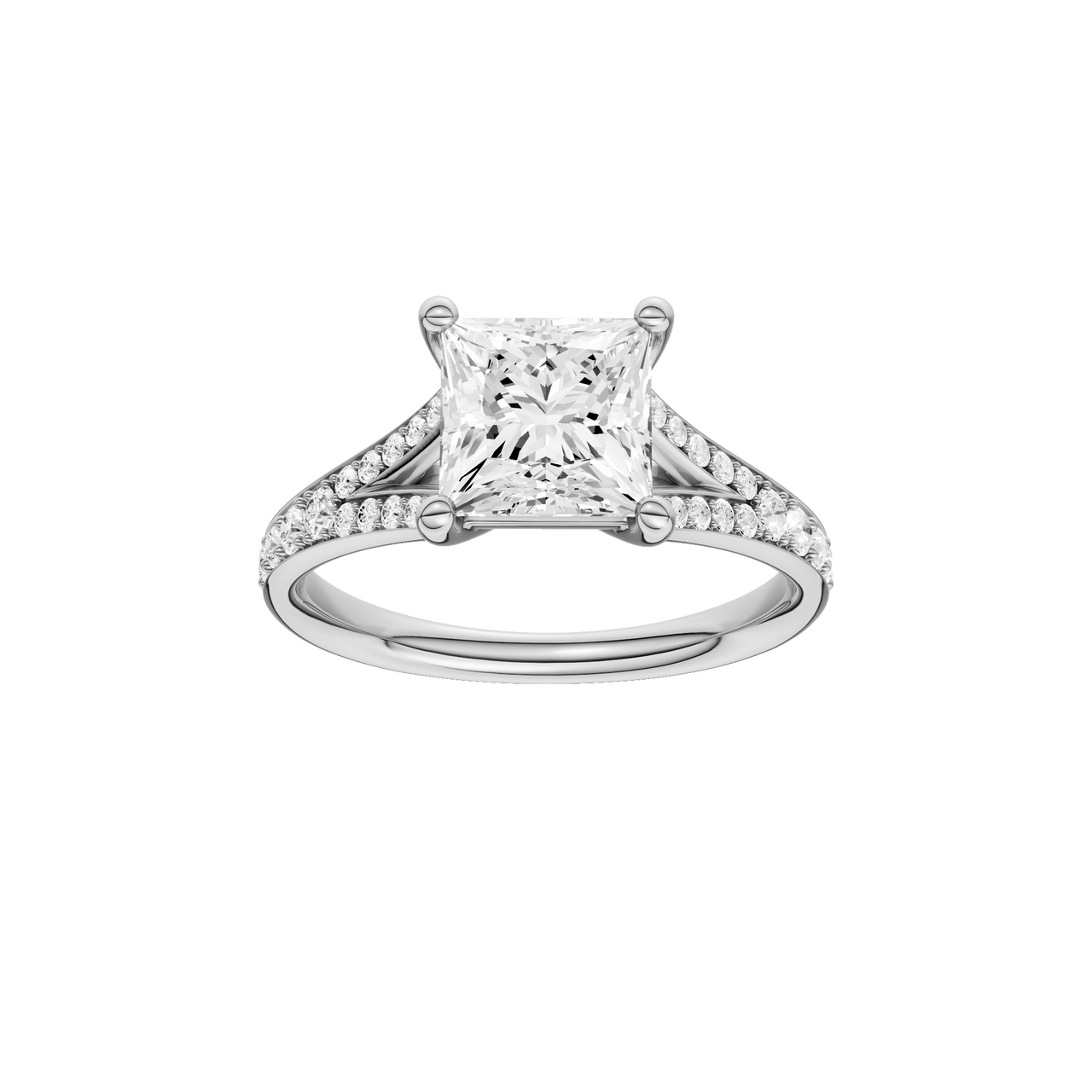 A front view of the Princess cut diamond engagement ring in 14k white gold with a diamond channel band and split setting