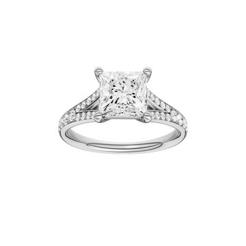 A front view of the Princess cut diamond engagement ring in 14k white gold with a diamond channel band and split setting