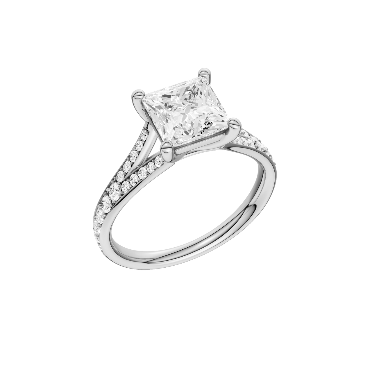 A three-quarter view of the Princess cut diamond engagement ring in platinum with a diamond channel band and split setting