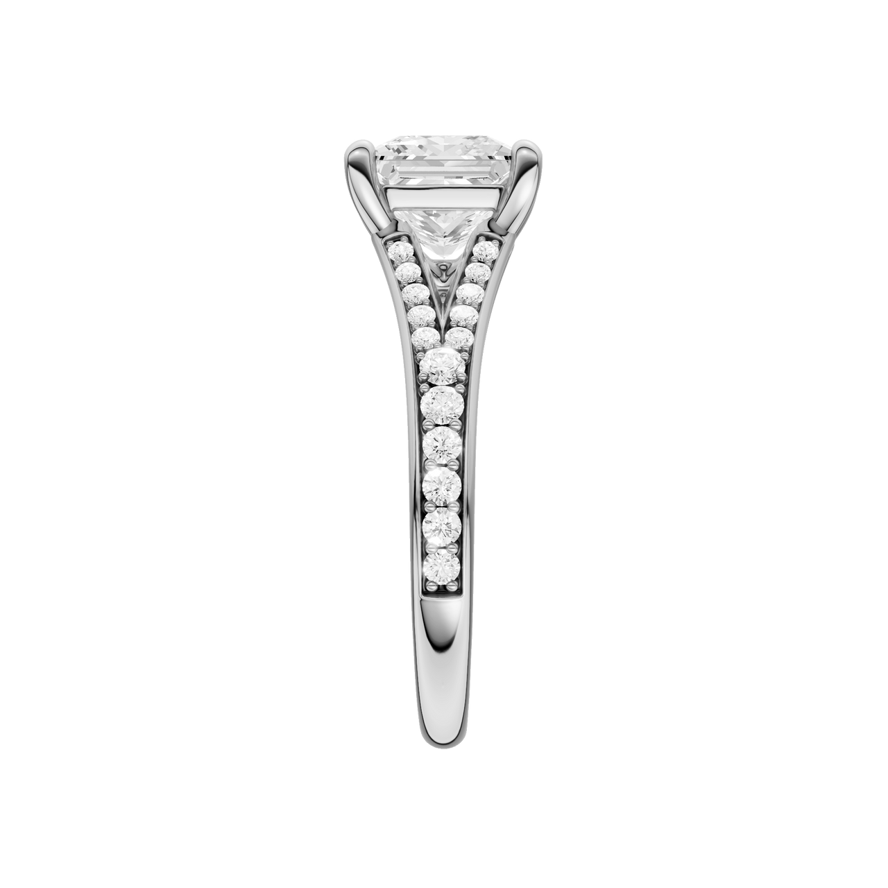 A side view of the Princess cut diamond engagement ring in platinum with a diamond channel band and split setting