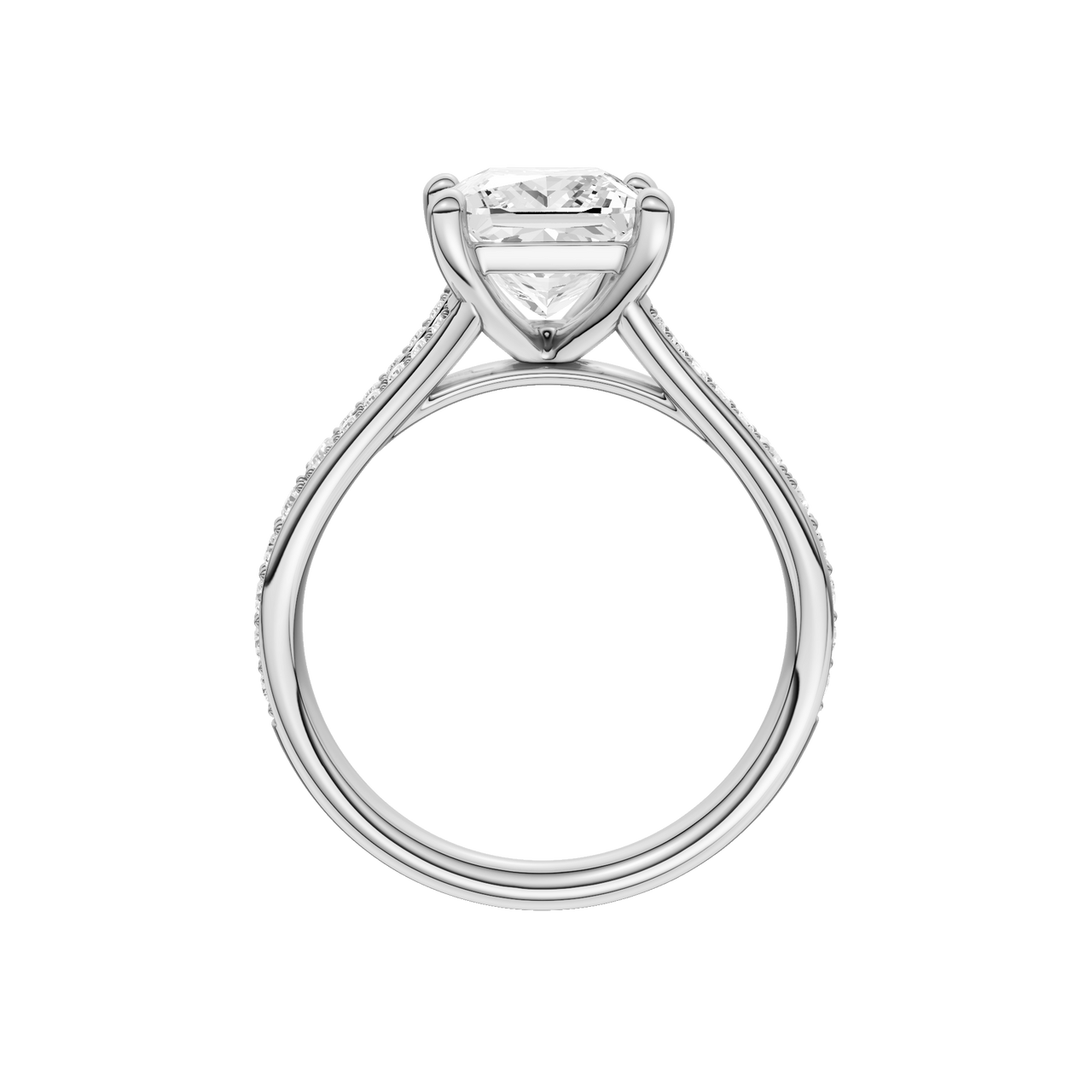 A profile view of the Princess cut diamond engagement ring in platinum with a diamond channel band and split setting