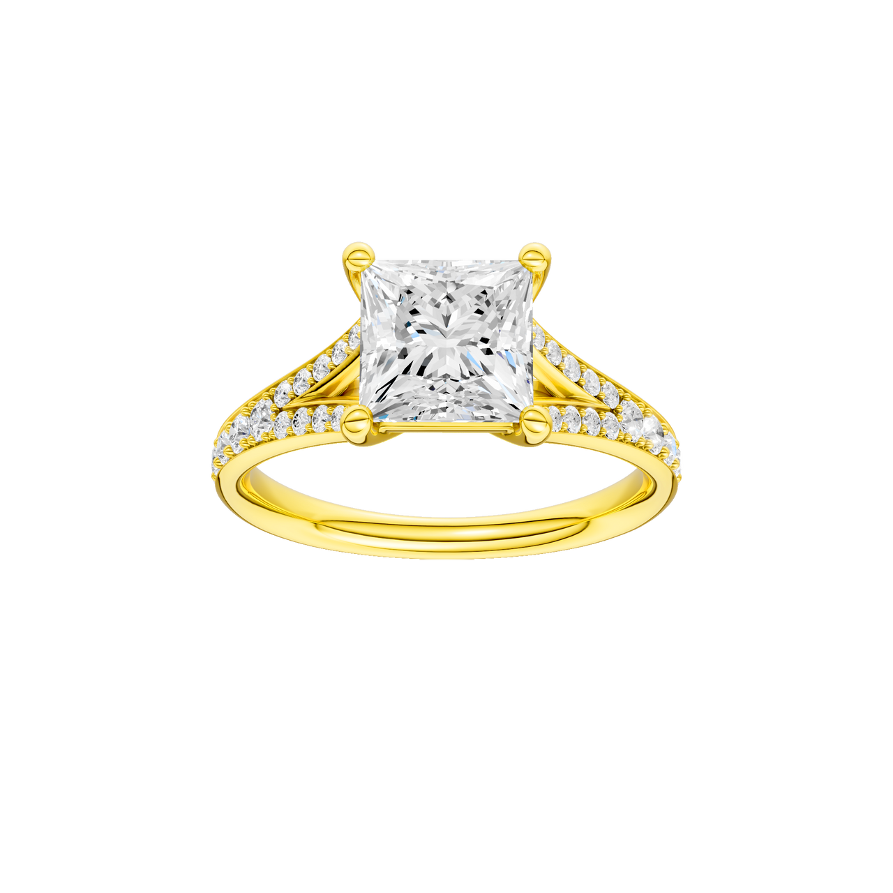 A front view of the Princess cut diamond engagement ring in 14k yellow gold with a diamond channel band and split setting
