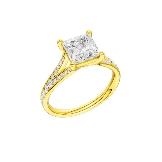 A three-quarter view of the Princess cut diamond engagement ring in 14k yellow gold with a diamond channel band and split setting