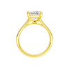 A profile view of the Princess cut diamond engagement ring in 14k yellow gold with a diamond channel band and split setting