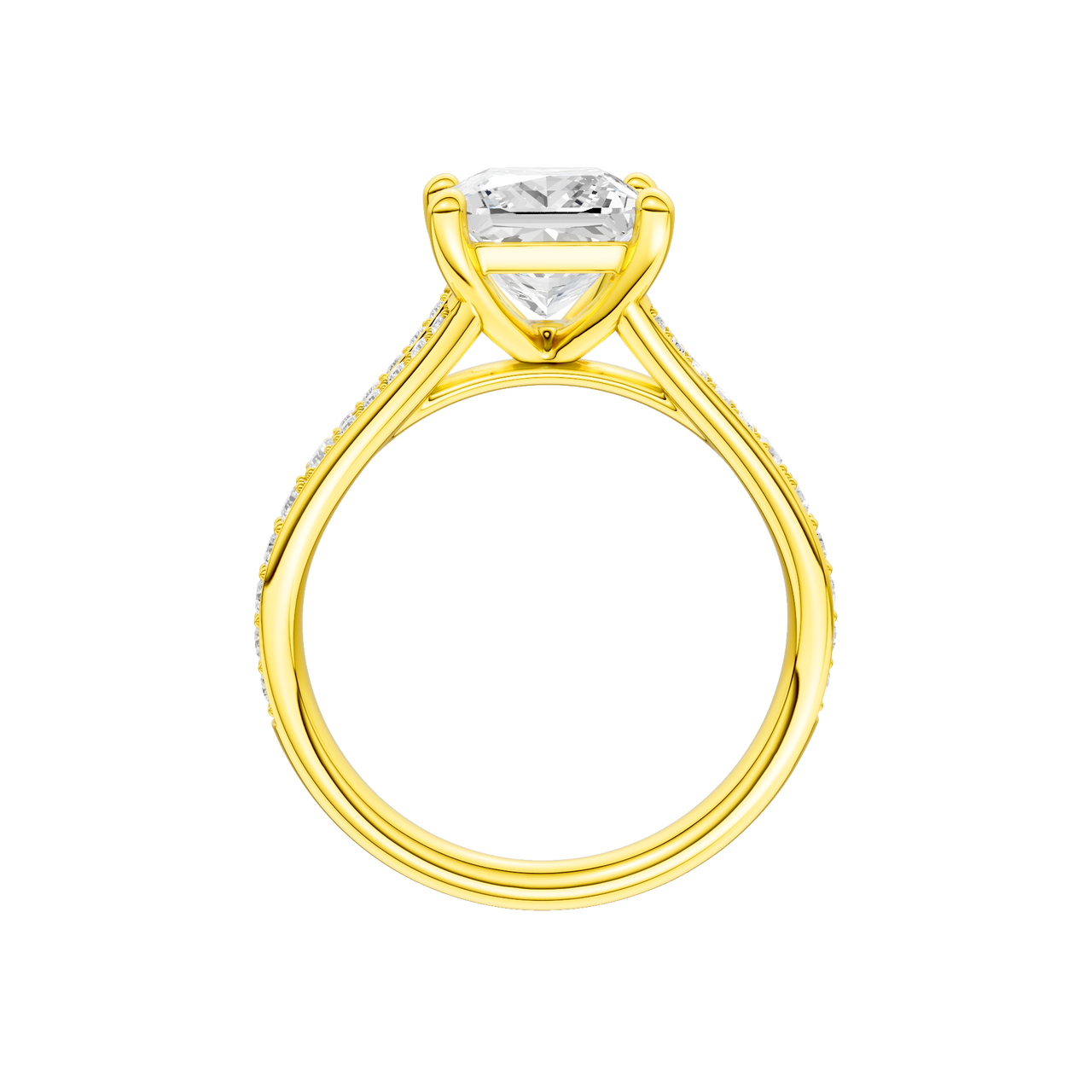 A profile view of the Princess cut diamond engagement ring in 14k yellow gold with a diamond channel band and split setting