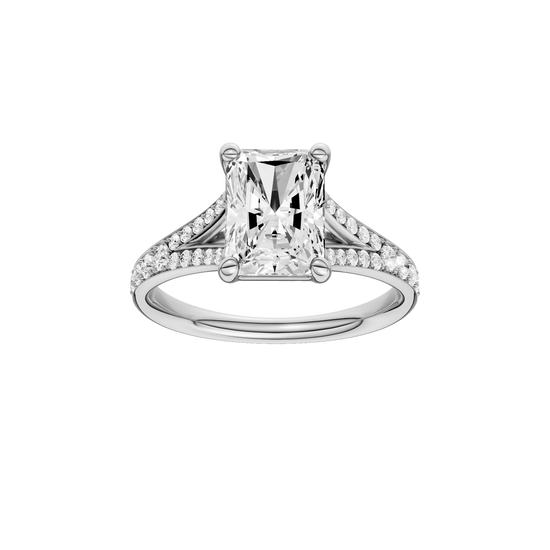 A front view of the Radiant cut diamond engagement ring in platinum with a diamond channel band and split setting