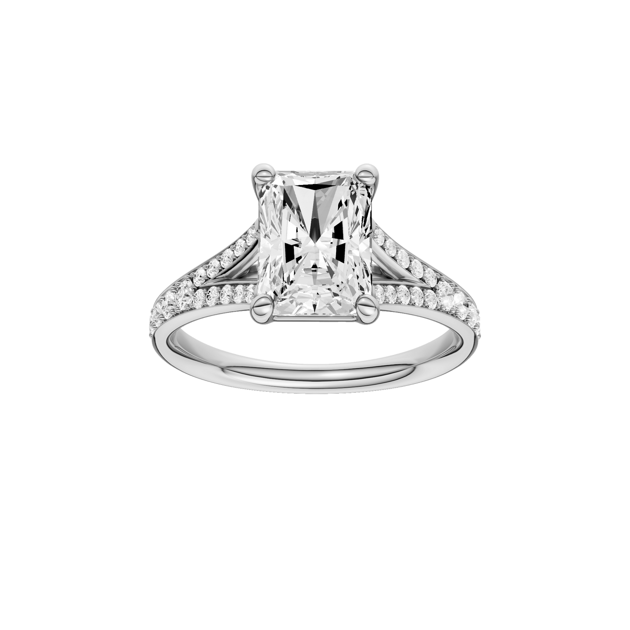 A front view of the Radiant cut diamond engagement ring in platinum with a diamond channel band and split setting