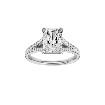 A front view of the Radiant cut diamond engagement ring in 14k white gold with a diamond channel band and split setting