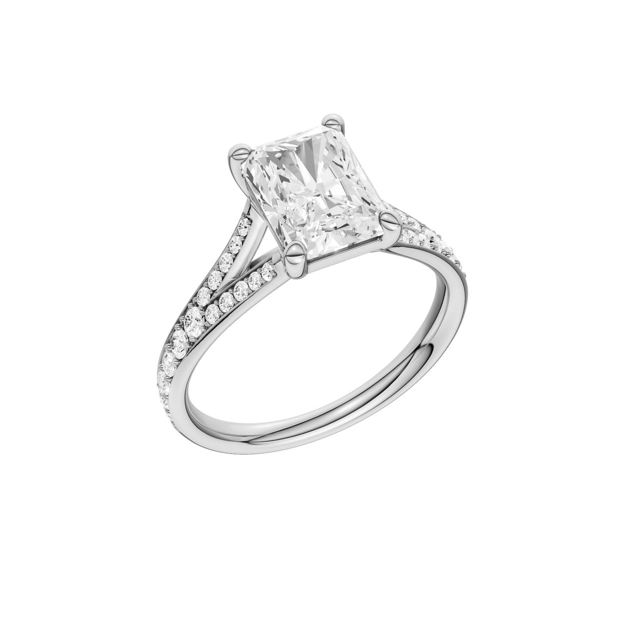 A three-quarter view of the Radiant cut diamond engagement ring in platinum with a diamond channel band and split setting