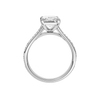 A profile view of the Radiant cut diamond engagement ring in platinum with a diamond channel band and split setting