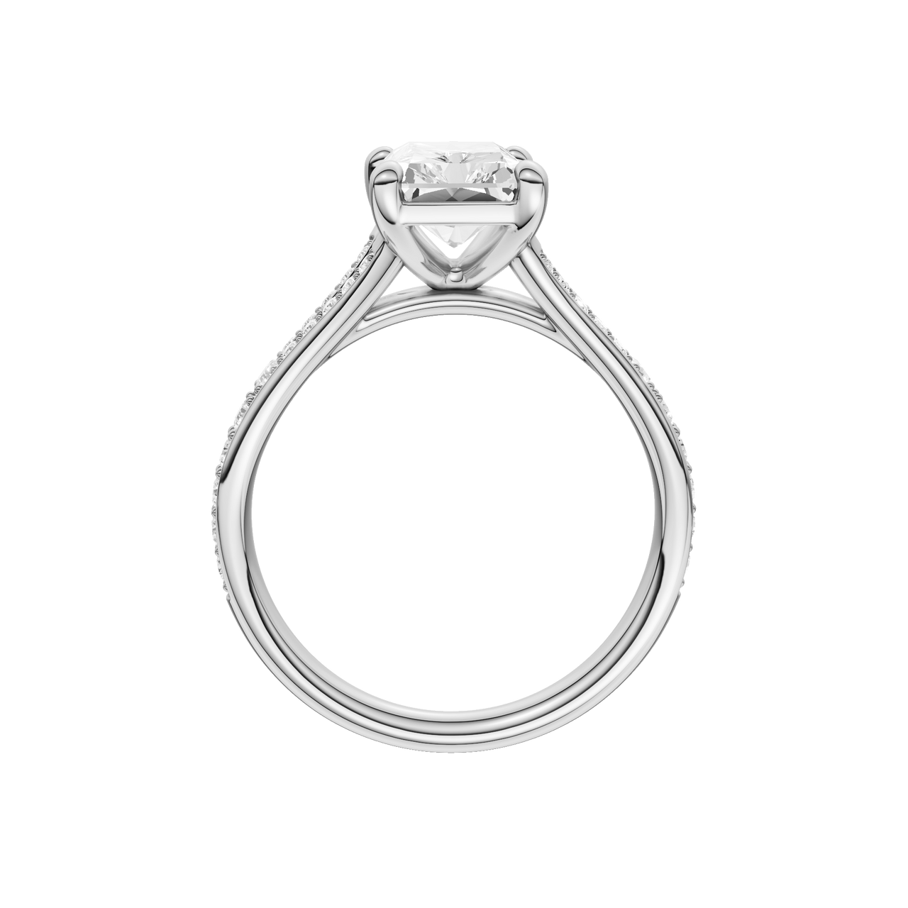 A profile view of the Radiant cut diamond engagement ring in 14k white gold with a diamond channel band and split setting