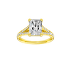 A front view of the Radiant cut diamond engagement ring in 14k gold gold with a diamond channel band and split setting