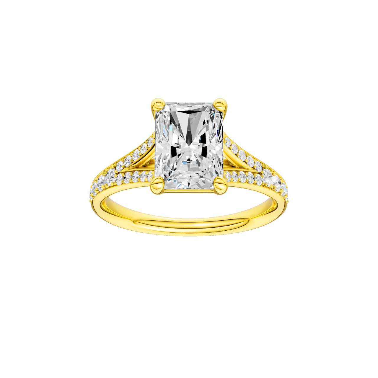 A front view of the Radiant cut diamond engagement ring in 14k gold gold with a diamond channel band and split setting