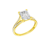 A three-quarter view of the Radiant cut diamond engagement ring in 14k gold gold with a diamond channel band and split setting