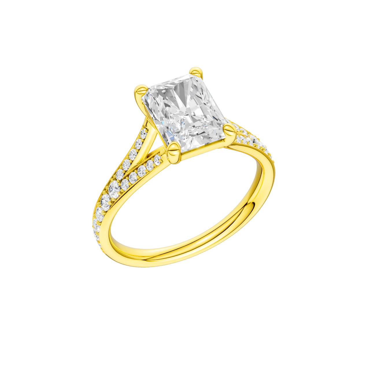 A three-quarter view of the Radiant cut diamond engagement ring in 14k gold gold with a diamond channel band and split setting