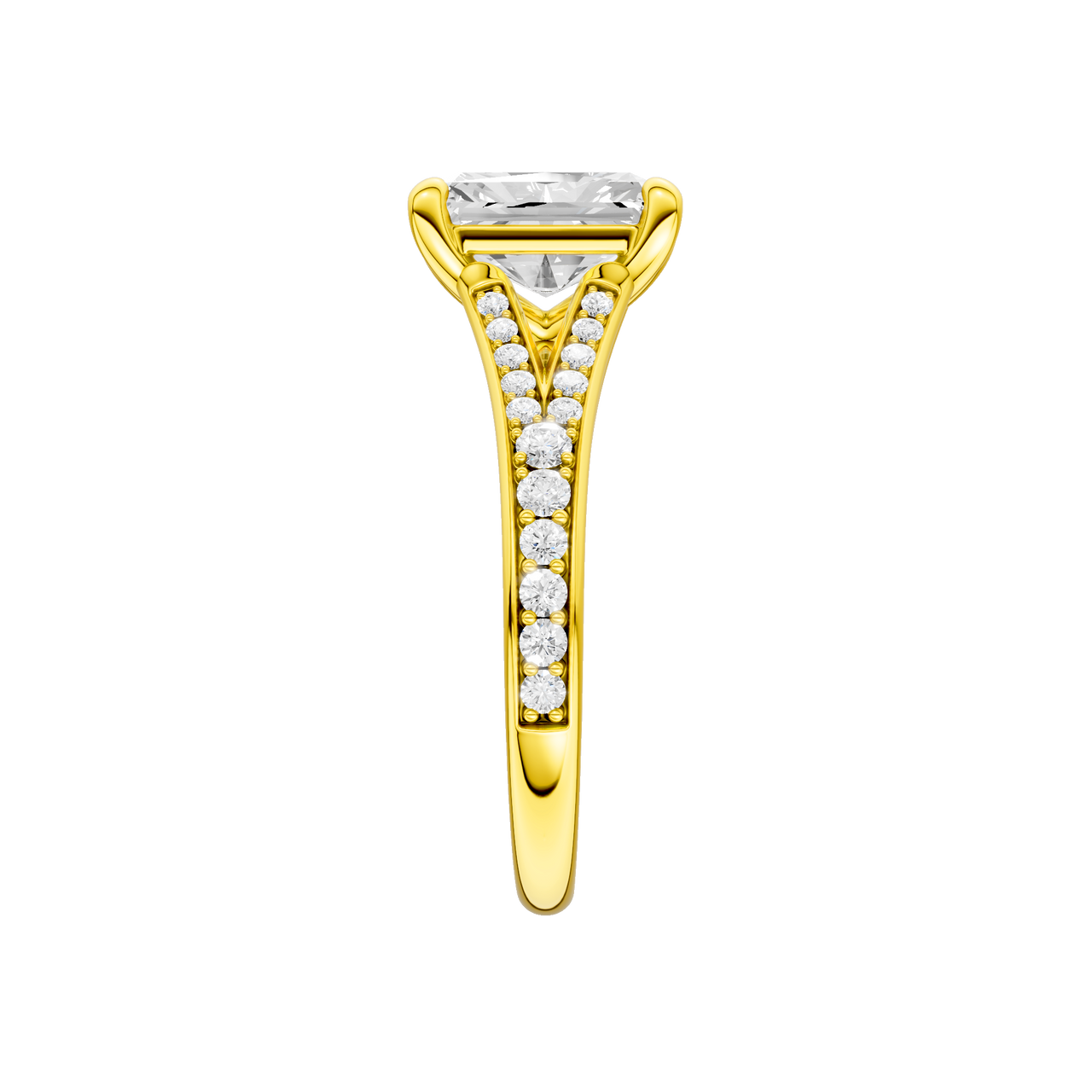 A side view of the Radiant cut diamond engagement ring in 14k gold gold with a diamond channel band and split setting