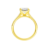 A profile view of the Radiant cut diamond engagement ring in 14k gold gold with a diamond channel band and split setting