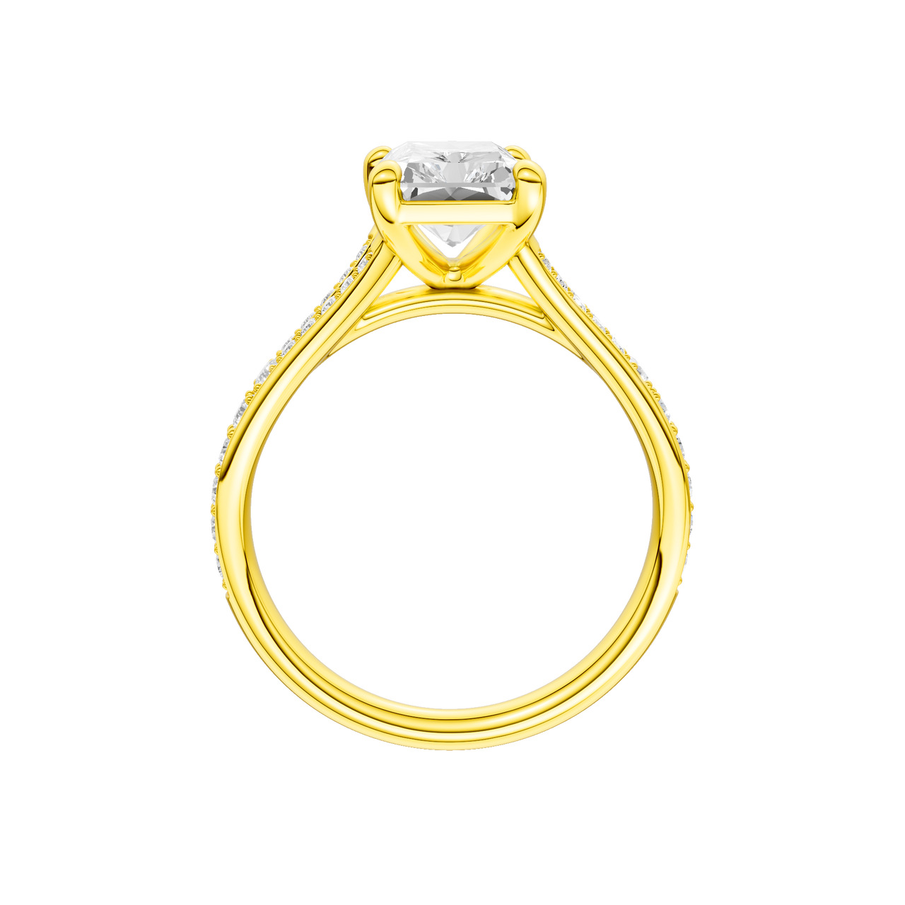 A profile view of the Radiant cut diamond engagement ring in 14k gold gold with a diamond channel band and split setting