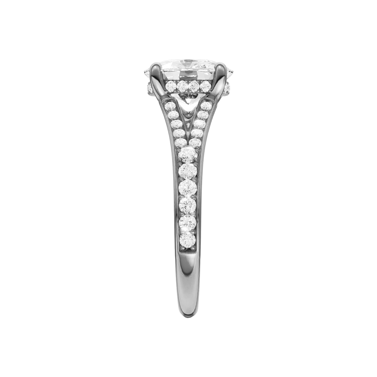 A side view of the Elongated Cushion cut diamond engagement ring in platinum  with a channel band and hidden halo setting