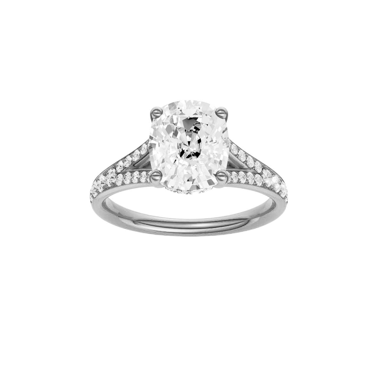A front view of the Elongated Cushion cut diamond engagement ring in 14k white gold  with a channel band and hidden halo setting