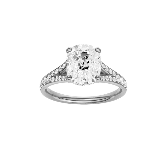 A front view of the Elongated Cushion cut diamond engagement ring in 14k white gold  with a channel band and hidden halo setting
