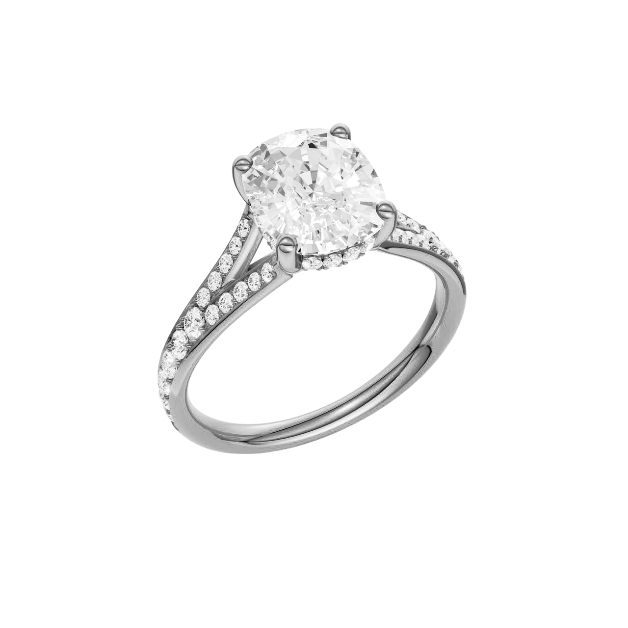 A three-quarter view of the Elongated Cushion cut diamond engagement ring in platinum  with a channel band and hidden halo setting