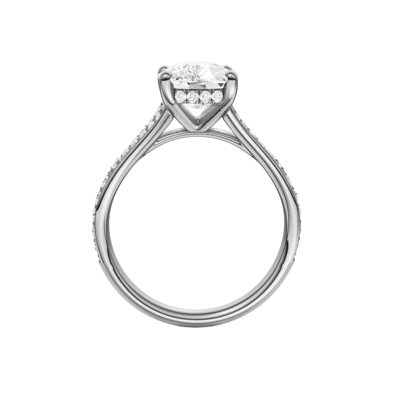 A profile view of the Elongated Cushion cut diamond engagement ring in 14k white gold  with a channel band and hidden halo setting